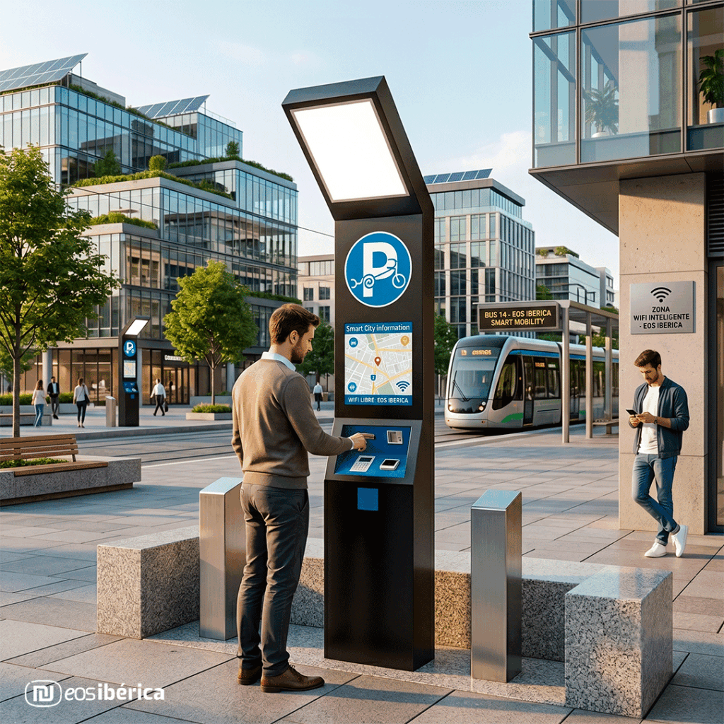 Tótem urbano multifunción de EOS Ibérica integrado en el entorno de una Smart City. Se muestra la estructura digital de color negro de 1956 mm de altura con iluminación LED superior, un icono azul de parking para bicicletas, pantalla interactiva con un mapa y terminal de pago. Un peatón interactúa con la pantalla táctil en una plaza moderna con un tranvía al fondo.