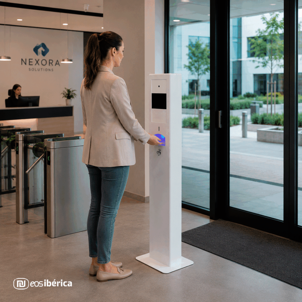 eTótem Sanitizer a la entrada de una oficina. Aparece una mujer joven utilizando el dispensador de gel de manos, que está situado en la entrada de la empresa.