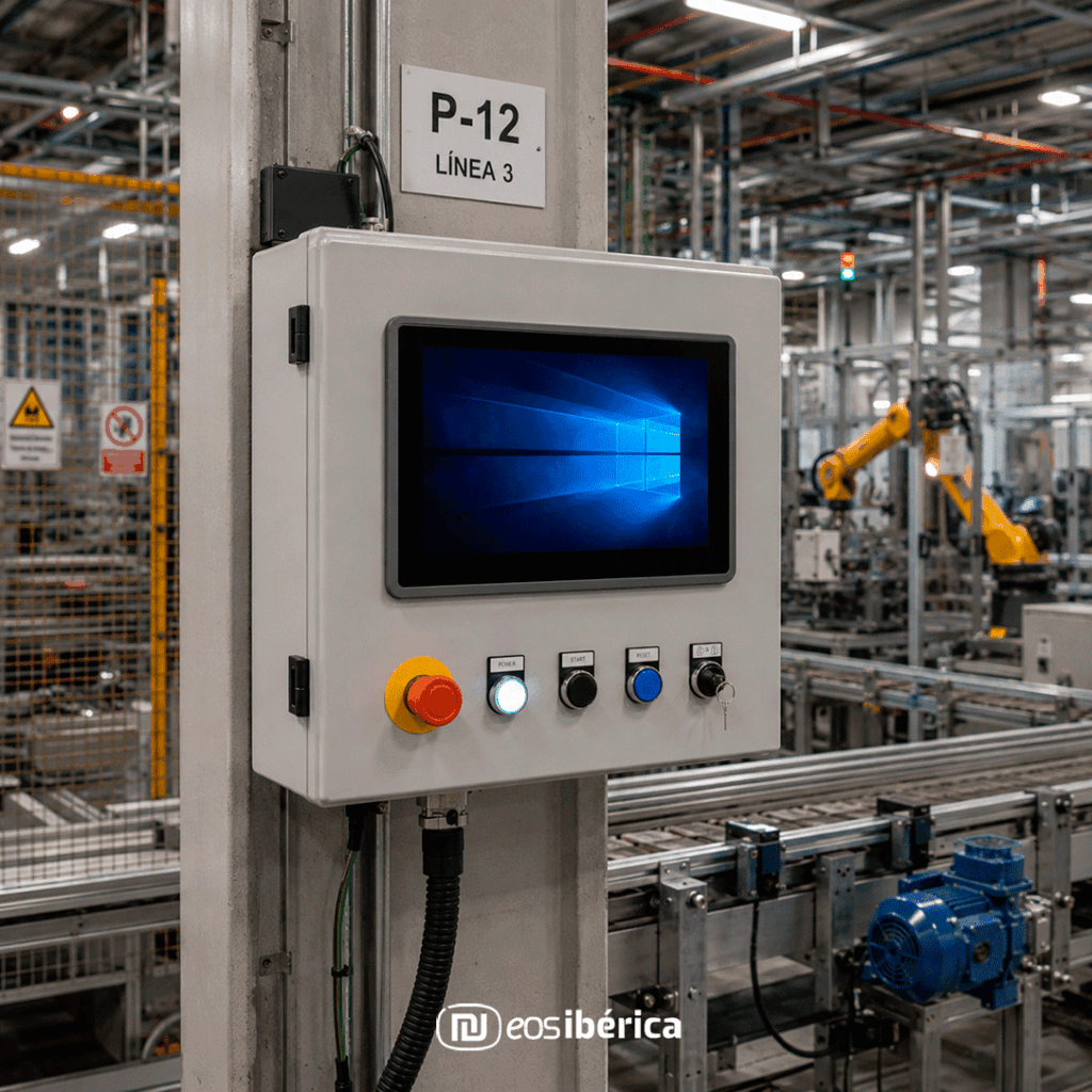 Panel PC industrial instalado en una planta de producción automatizada.