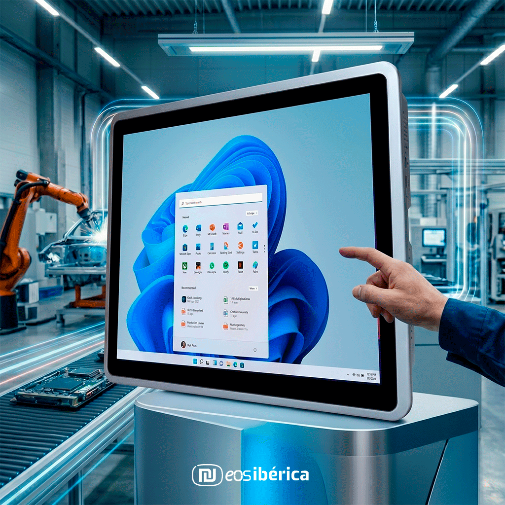Panel PC industrial con la interfaz de Windows 11 IoT en una fábrica automatizada con brazos robóticos.