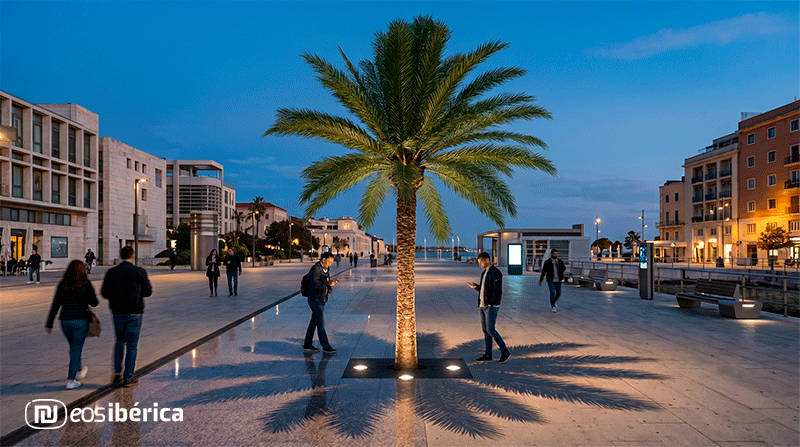 Palmera tecnológica eSmart Palm Tree integrada como farola inteligente en el paseo peatonal de una ciudad.