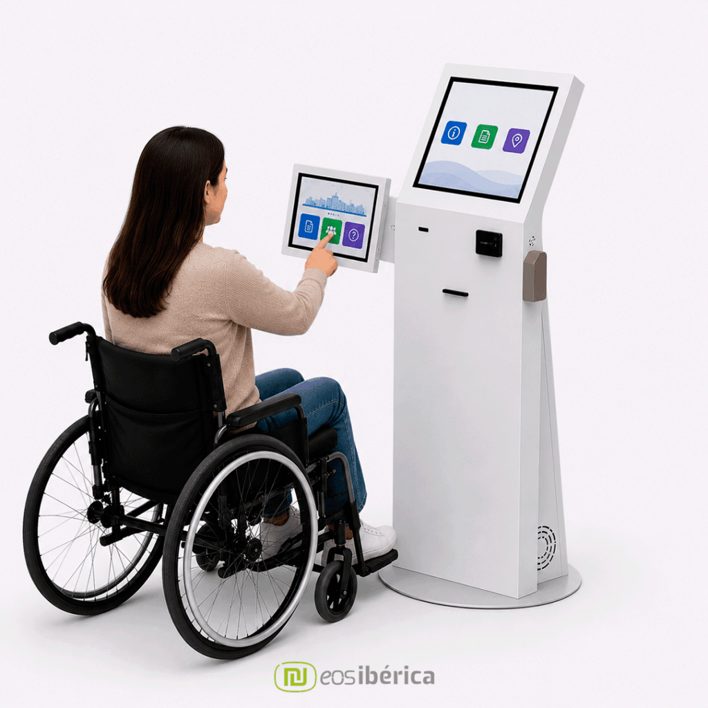 Usuario en silla de ruedas interactuando con un terminal accesible de doble pantalla táctil.
