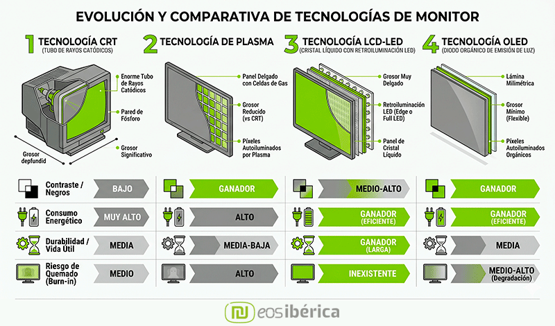 Infografía comparativa horizontal que muestra la evolución de cuatro tecnologías de monitores (CRT, Plasma, LCD-LED, OLED). Ilustra el cambio en grosor y estructura, desde el voluminoso CRT hasta la lámina ultrafina de OLED. Incluye una tabla comparativa con iconos que resume características clave como contraste, consumo energético, durabilidad y riesgo de quemado para cada tecnología, destacando las ventajas e inconvenientes con barras de color verde y gris.