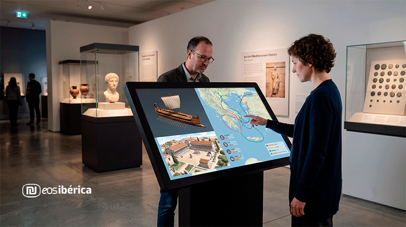 Integración de un kiosco digital interactivo de gran formato (compatible con pantallas de hasta 55”) en la sala de un museo, facilitando a los visitantes la exploración visual de mapas interactivos y reconstrucciones históricas en 3D.
