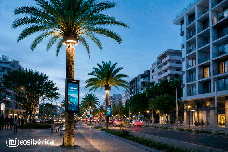 Palmera inteligente con iluminación LED y pantalla publicitaria digital integrada en una avenida urbana moderna, combinando mobiliario urbano sostenible y tecnología Smart City en un entorno realista.