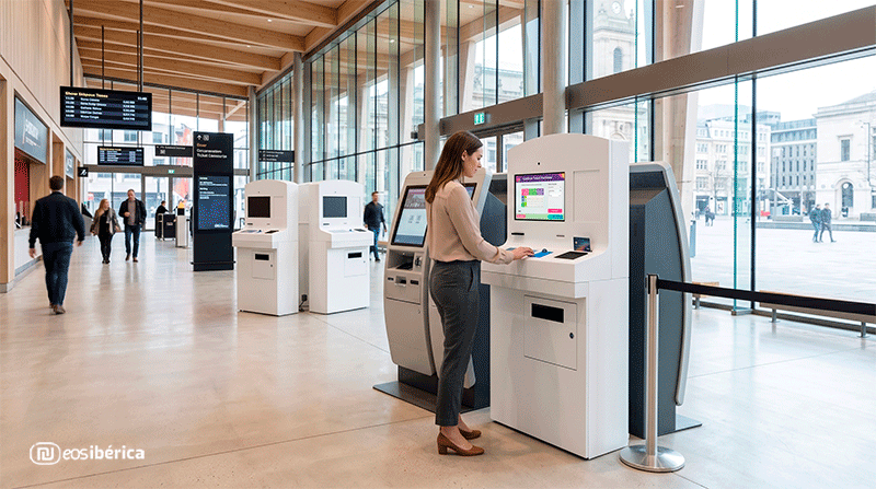 Mujer en ropa formal interactuando con un terminal interactivo blanco de venta de entradas, ubicado en el vestíbulo amplio y luminoso de un espacio público con grandes ventanales.