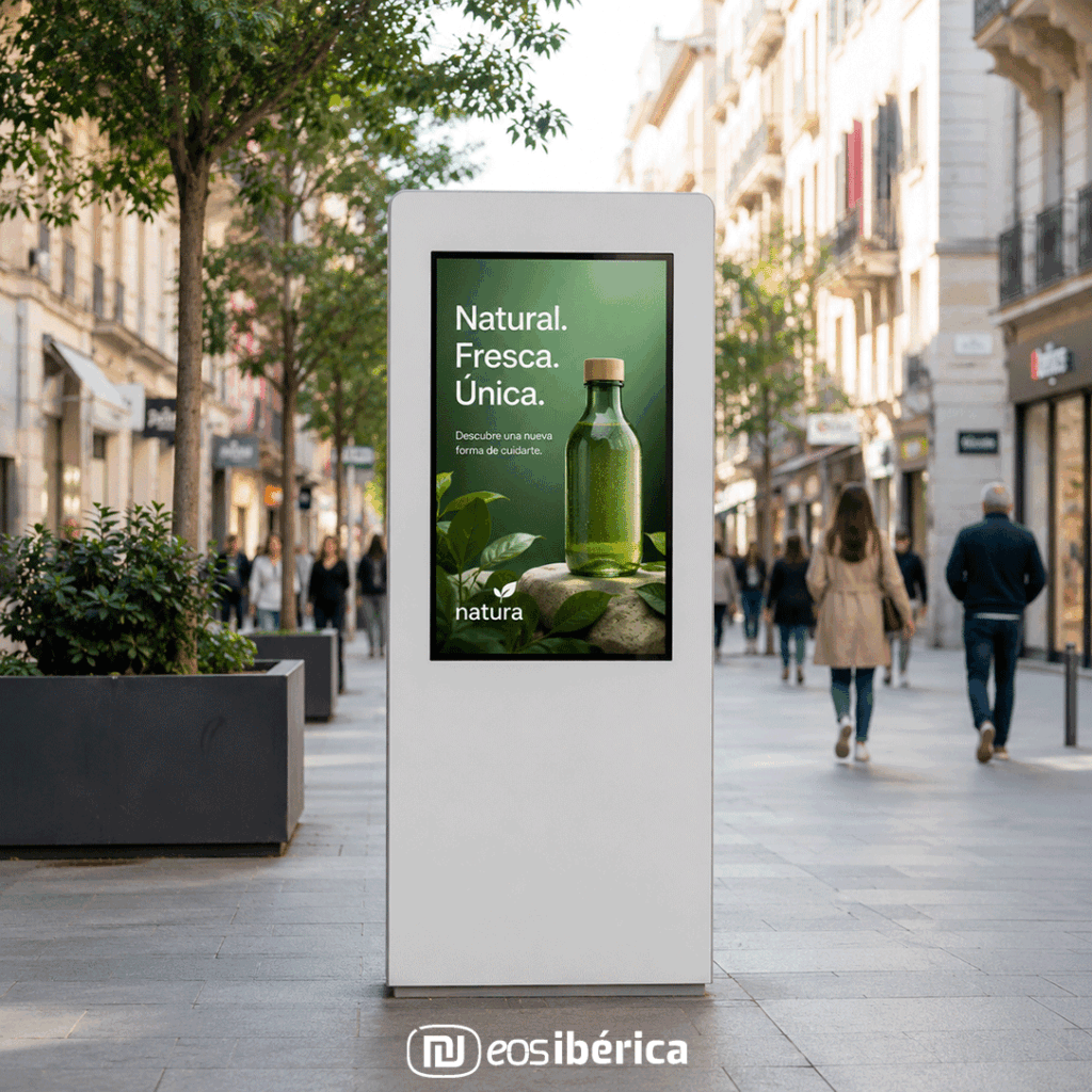 Tótem publicitario digital instalado en una calle peatonal urbana, mostrando un anuncio en pantalla de alta resolución mientras peatones transitan por el entorno comercial de la ciudad.