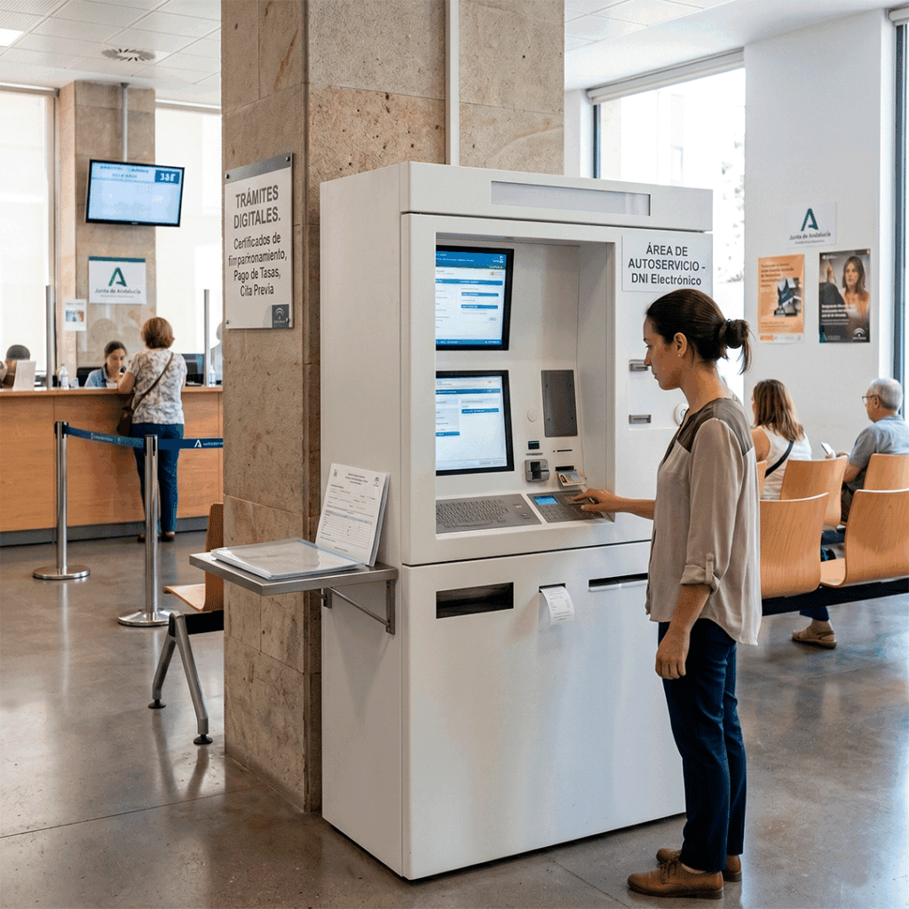 Una mujer interactúa con un cajero ciudadano interactivo de autoservicio en una oficina de la administración pública española. El terminal blanco muestra pantallas con trámites digitales y cartelería en la que se lee 'Área de Autoservicio - DNI Electrónico'. De fondo se observa una zona de atención al público con personal y ciudadanos esperando.