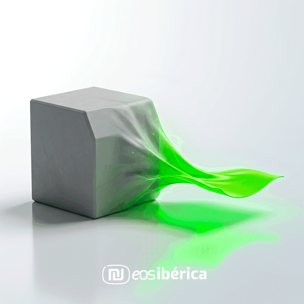 Ilustración minimalista en formato 1:1 que simboliza la evolución tecnológica. Un bloque gris sólido y voluminoso a la izquierda se transforma en una lámina verde brillante ultrafina y fluida a la derecha.
