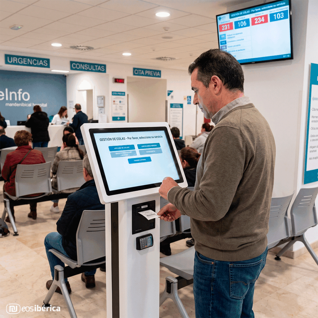 ombre interactuando con el kiosco digital eInfo para la gestión de colas en la sala de espera de un hospital.