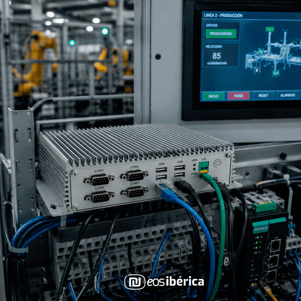 PC industrial fanless con procesador Intel i3 de 8ª generación instalado y conectado en un cuadro de control industrial, gestionando procesos de automatización en una fábrica.