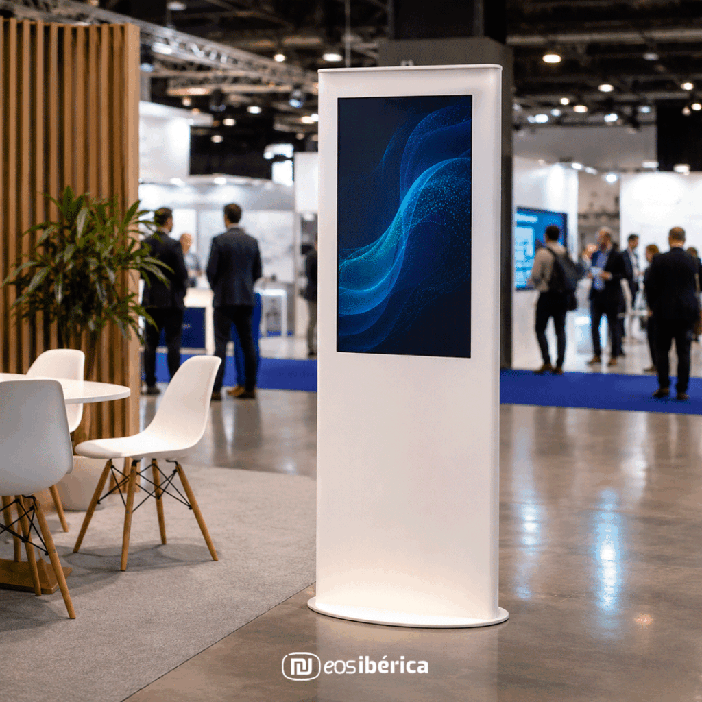 Tótem digital de interior integrado en una feria profesional, mostrando contenido visual multimedia en pantalla para comunicación y señalización digital.