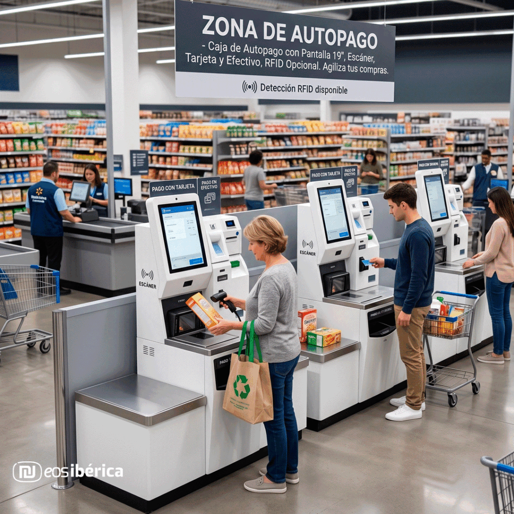 Recreación de varios clientes utilizando nuestro eCheck Out, cajas de autopago, en el pasillo de un supermercado.