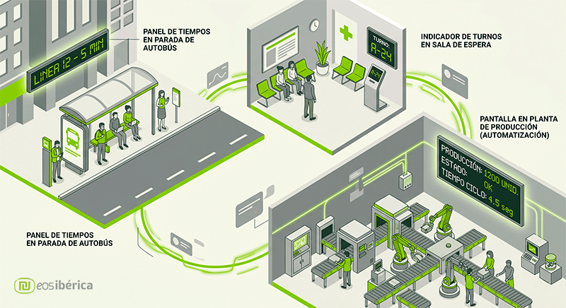 Infografía isométrica que muestra tres casos de uso de displays LED: un panel de tiempos en una parada de autobús, un indicador de turnos en una sala de espera y una pantalla de datos de producción en una fábrica automatizada. Diseño en colores gris y verde corporativo