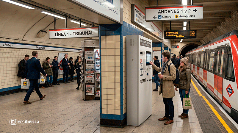 Una pareja interactúa con un quiosco digital blanco y estrecho en el andén de la estación de metro Tribunal en Madrid. Al fondo se ve un tren estacionado, carteles informativos en español que indican "Línea 1 - Tribunal" y "Andenes 1 y 2", un quiosco de prensa tradicional y varios pasajeros esperando.