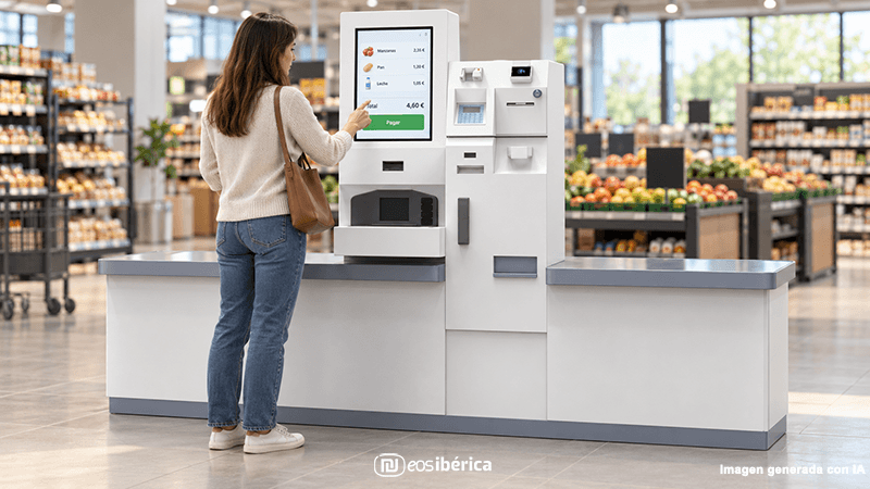 Mujer utilizando un terminal de autopago con pantalla táctil y módulos de pago en un supermercado.