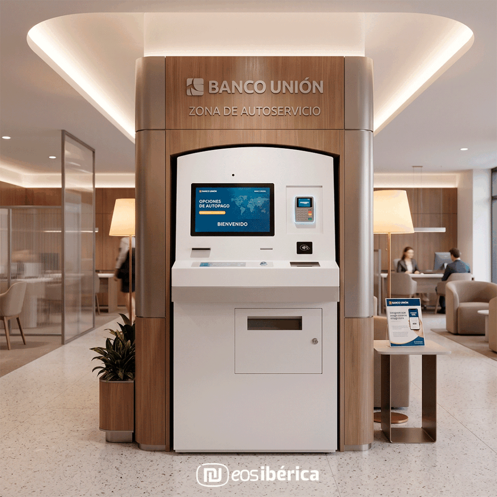 Terminal interactivo eAutoself en blanco integrado en un banco para realizar operaciones de autopago