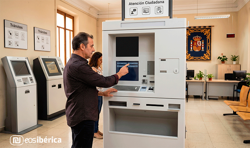 Fotografía en formato horizontal de un cajero ciudadano blanco ubicado en la oficina de atención de un ayuntamiento genérico en España, con un hombre de perfil interactuando con la pantalla táctil.