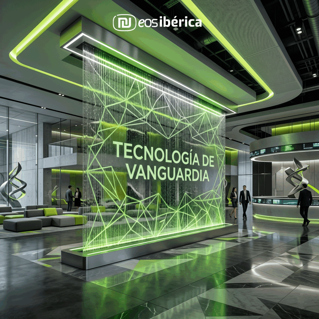 Cortina digital de agua en el hall de un edificio corporativo, proyectando patrones geométricos y el texto "TECNOLOGÍA DE VANGUARDIA" en tonos verdes y grises.
