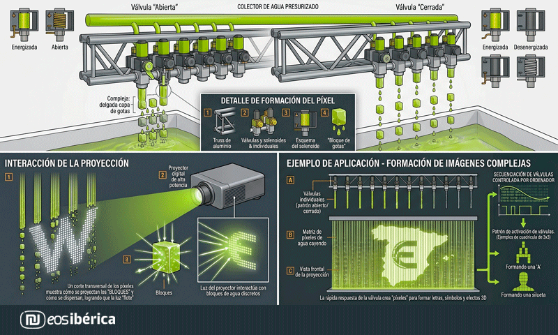 Diagrama técnico en español que detalla el funcionamiento de una cortina digital de agua, mostrando el truss de aluminio, la apertura de válvulas por ordenador, la formación de píxeles líquidos y la interacción del proyector.