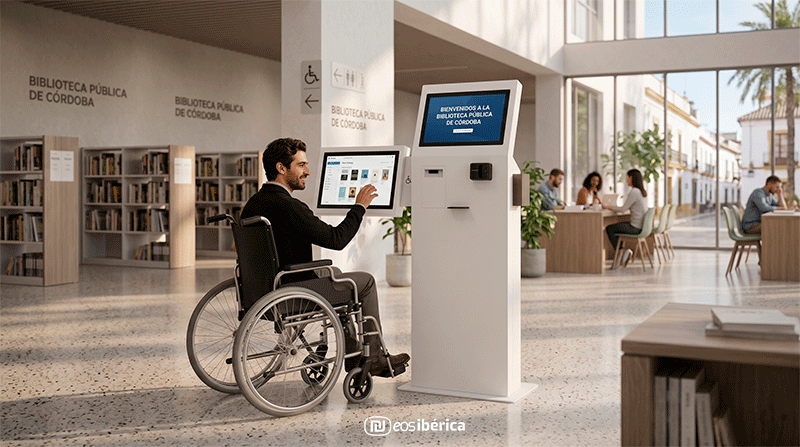 Un hombre en silla de ruedas interactúa de manera autónoma con la pantalla lateral adaptada de un terminal interactivo blanco de EOS Ibérica en una biblioteca pública.