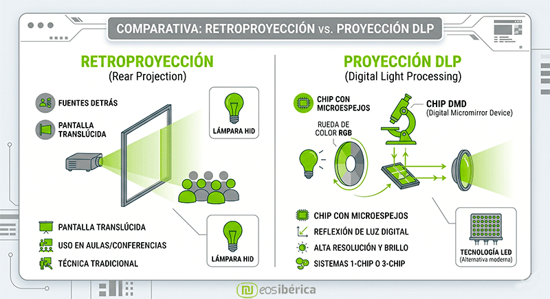 Infografía comparativa entre Retroproyección y Proyección DLP. A la izquierda se ilustra un proyector situado detrás de una pantalla translúcida con lámpara HID. A la derecha se muestra el funcionamiento de la tecnología DLP con un chip DMD de microespejos, una rueda de color y una alternativa de iluminación LED.