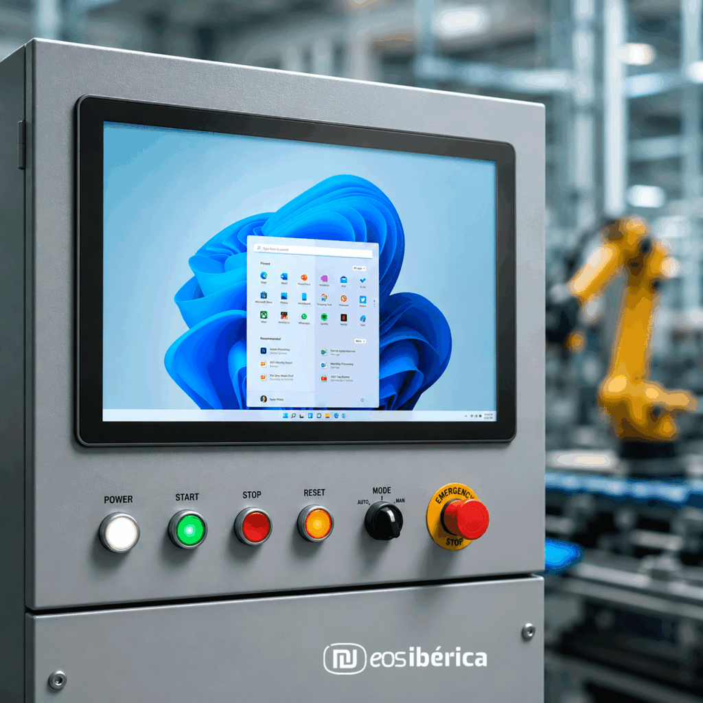 Monitor industrial integrado en panel de control de una fábrica automatizada con interfaz gráfica moderna y entorno industrial desenfocado.