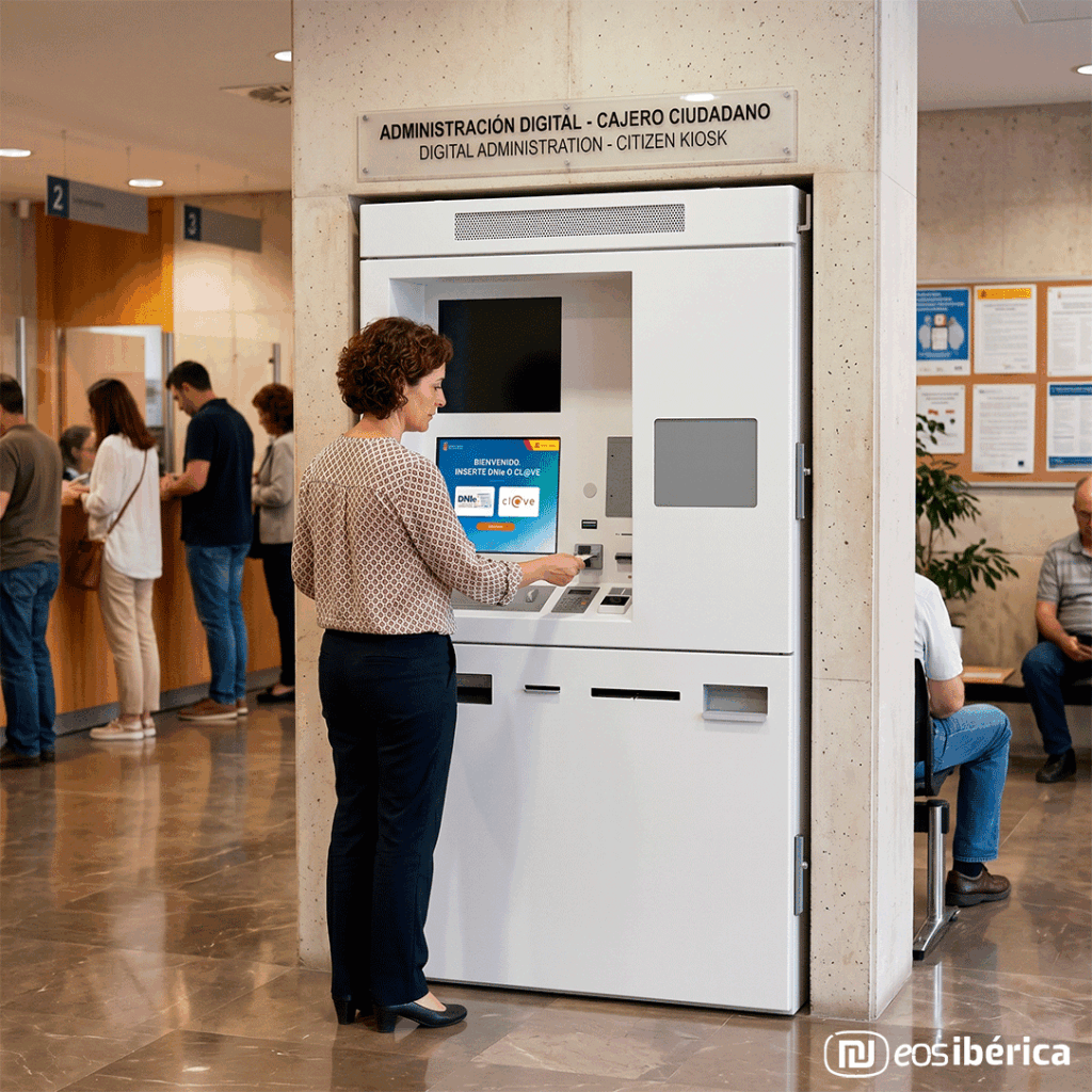 Una mujer interactúa con un cajero ciudadano blanco integrado en una columna de una oficina de administración pública. Al fondo, se ve a otras personas esperando en las ventanillas de atención al público.