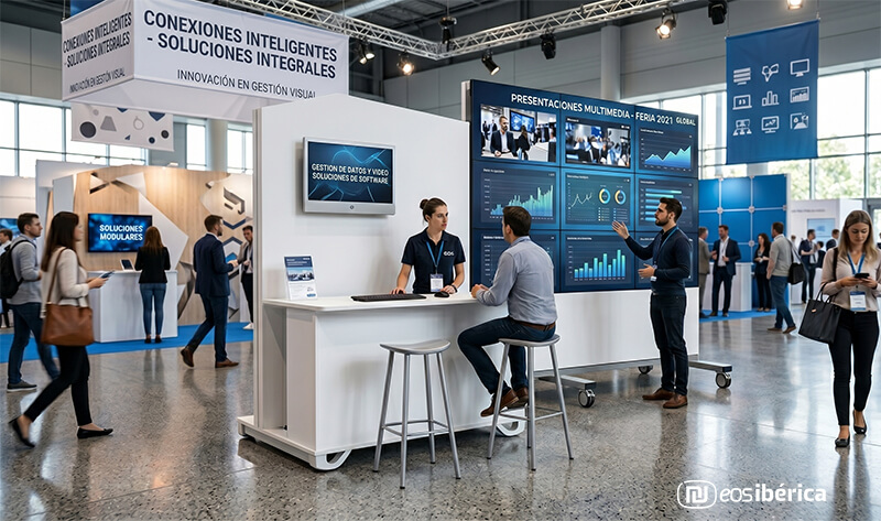 Nuestro eStand blanco con soporte multipantalla y taburetes en un congreso tecnológico de 2021.