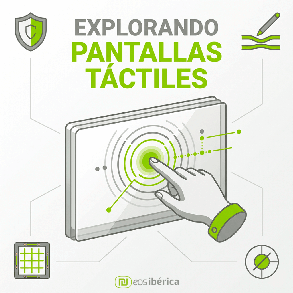 Ilustración conceptual en formato cuadrado con un dedo tocando una pantalla digital interactiva, iconos de sensores y el título "Explorando pantallas táctiles" en colores verde y gris.