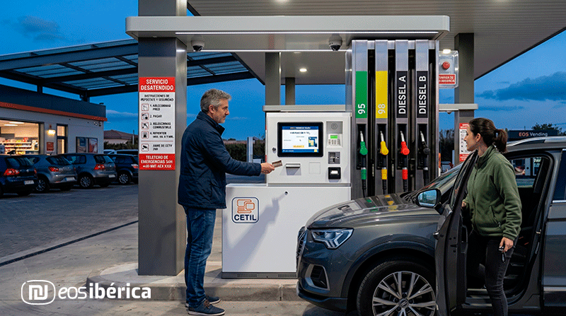 Hombre pagando en un terminal interactivo de EOS Ibérica junto a al vehículo de su hija, que también aparece en la imagen, en una gasolinera de autoservicio.