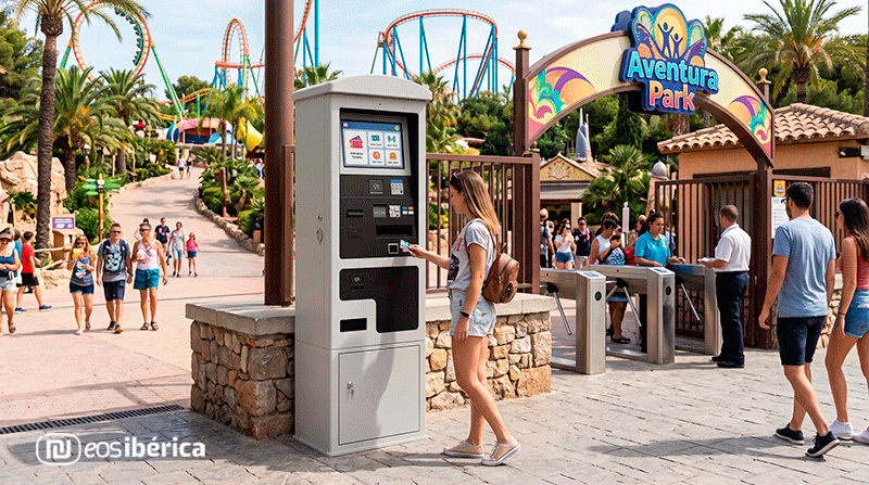 Una joven utiliza un cajero automático de autopago blanco en la entrada de un parque de atracciones llamado Aventura Park, con montañas rusas de fondo y visitantes cruzando los tornos de acceso.