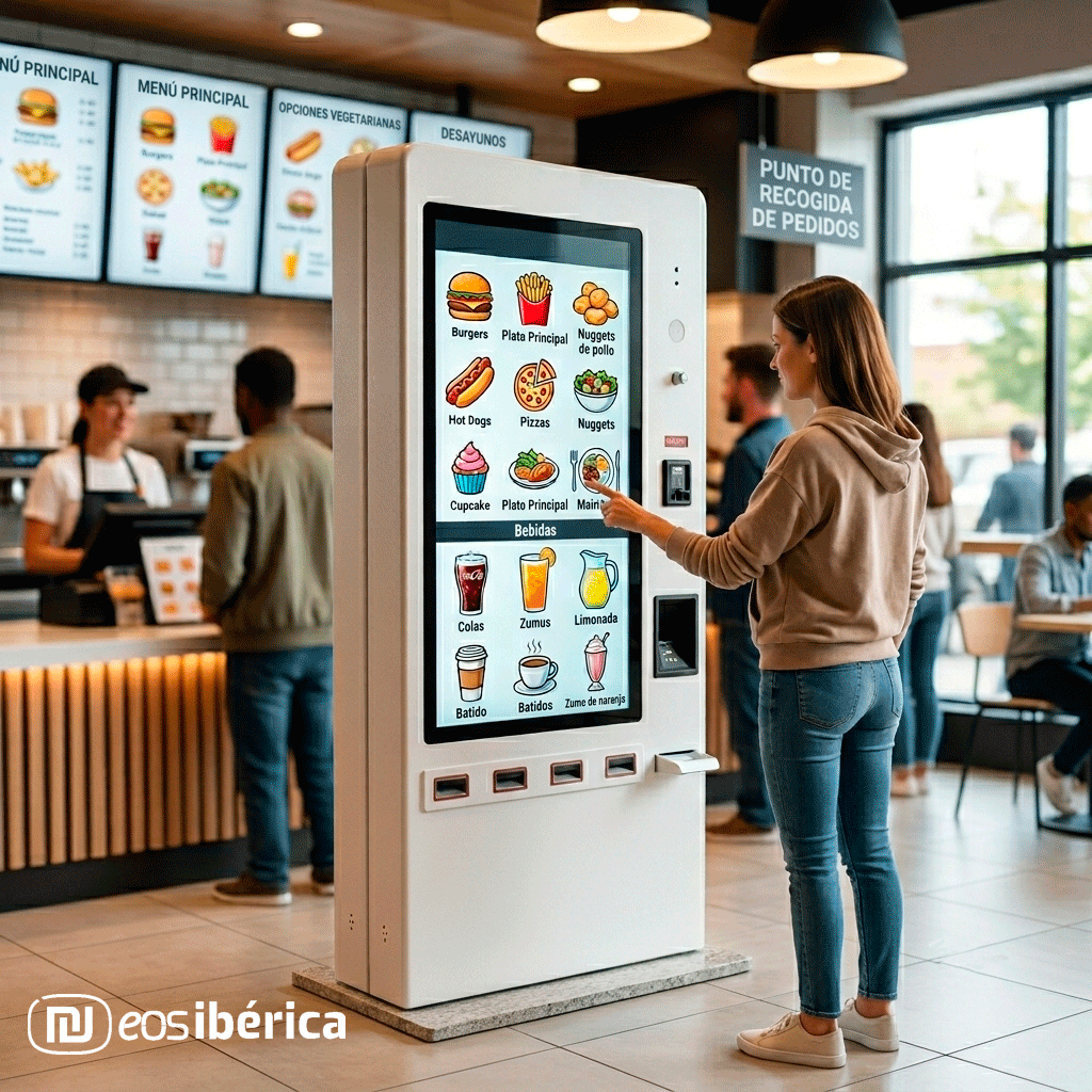 Una mujer de espaldas utiliza un terminal interactivo de autopago blanco situado a la derecha en un restaurante de comida rápida. La pantalla muestra un menú con iconos de alimentos y bebidas en español, con el mostrador y los carteles de menú de fondo.