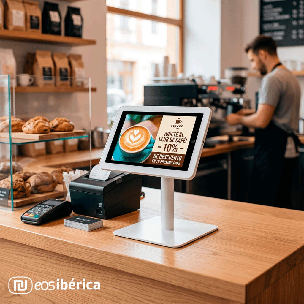 Fotografía en plano medio de un ePad blanco instalado en el mostrador de madera de una cafetería moderna. La pantalla muestra un anuncio promocional de un club de café con un 10% de descuento. Al fondo, un barista trabaja difuminado.