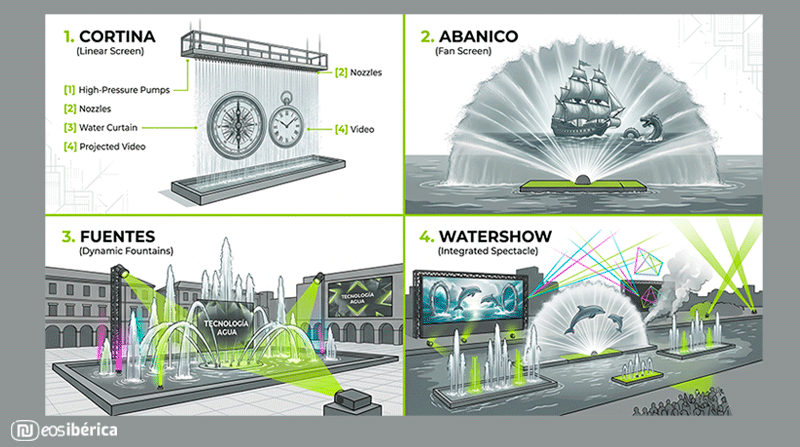Infografía de cuatro cuadrantes que muestra los tipos de pantallas de agua para proyección: Cortina lineal aérea, Abanico sobre plataforma marítima, Fuentes dinámicas iluminadas y espectáculo Watershow masivo.