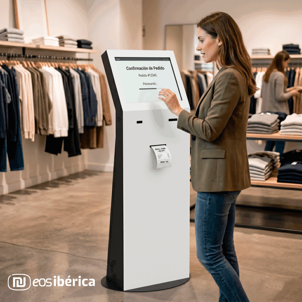 Ejemplo de integración de nuestro terminal interactivo blanco e700w en una tienda de ropa con una clienta recibiendo un ticket de confirmación de pedido.