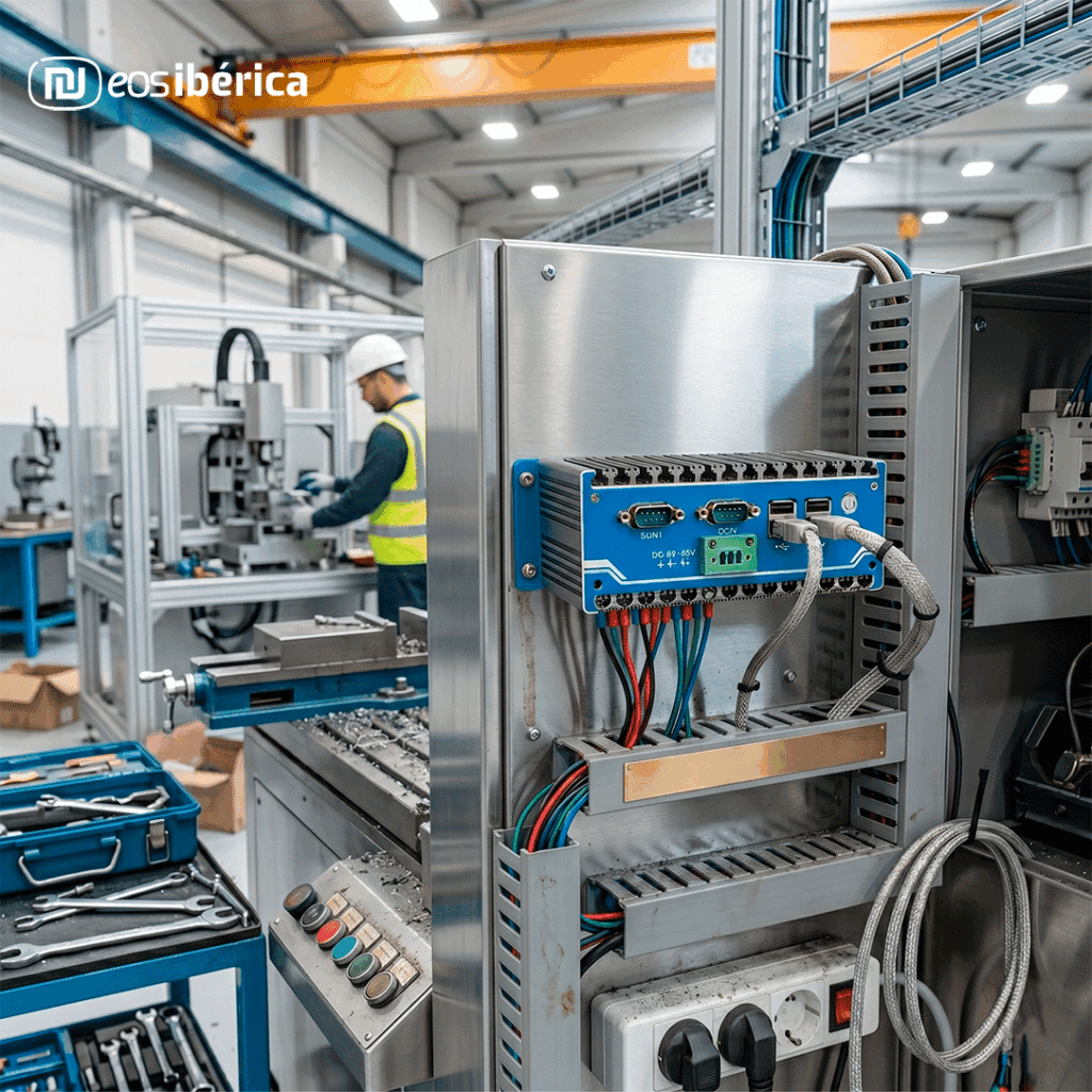 Primer plano de un panel de control industrial de acero con cableado ordenado y una unidad de control azul con conectores USB y serie. Al fondo, un operario con casco amarillo trabaja en una máquina CNC en una fábrica moderna, con una grúa puente amarilla visible.