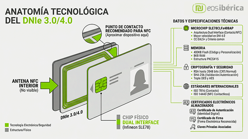 Infografía técnica del DNIe 3.0 y 4.0 que muestra el chip Dual Interface, la antena NFC interna y especificaciones de seguridad.