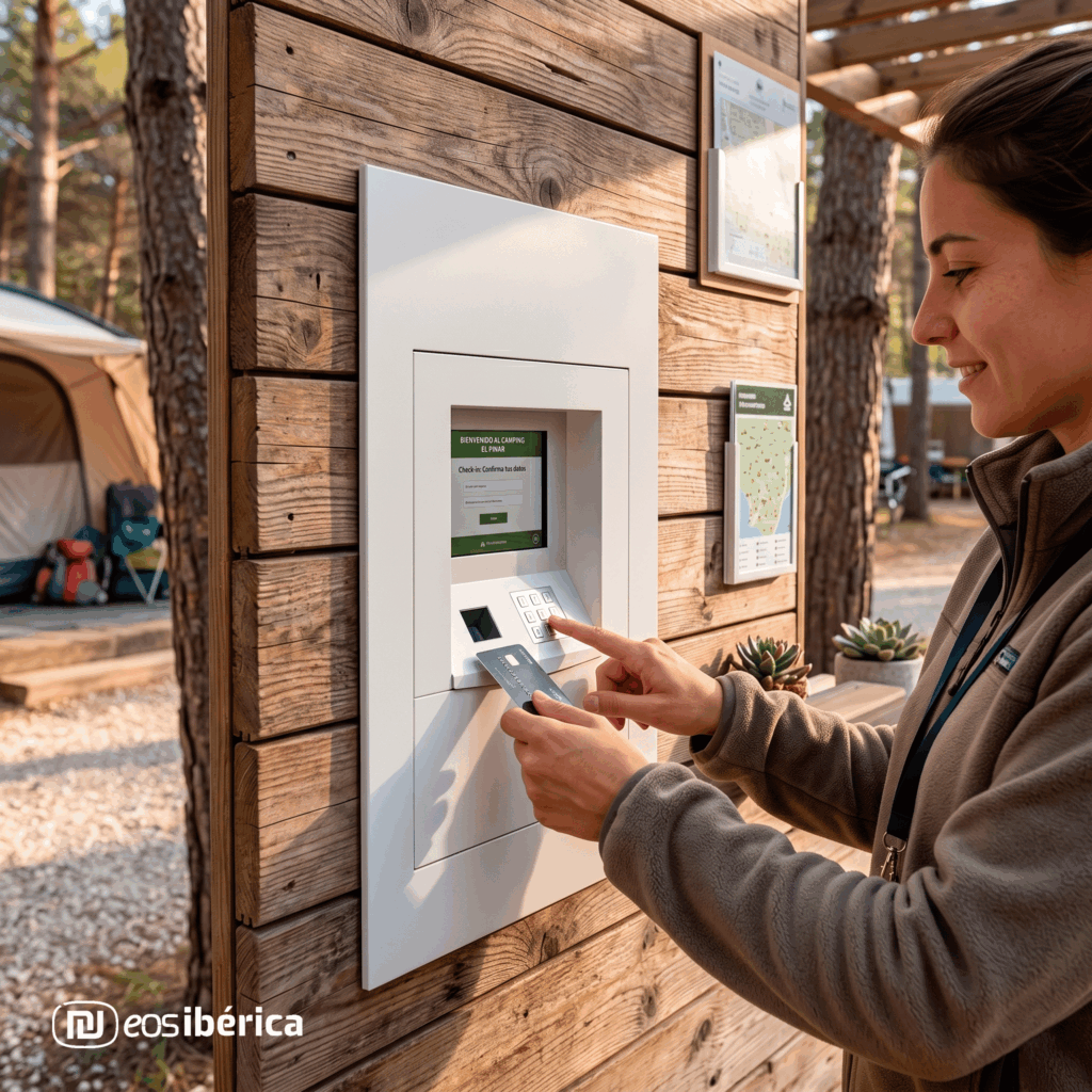 Una mujer sonriente utilizando un terminal de autopago para hacer el check-in en un camping.