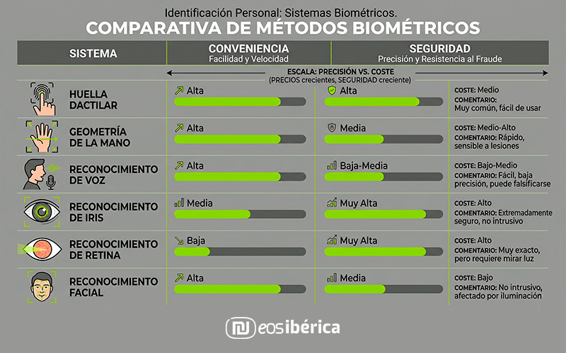 Infografía comparativa de sistemas biométricos que analiza huella dactilar, mano, voz, iris, retina y facial según su nivel de conveniencia, seguridad y coste, usando los colores corporativos de Eos Ibérica.