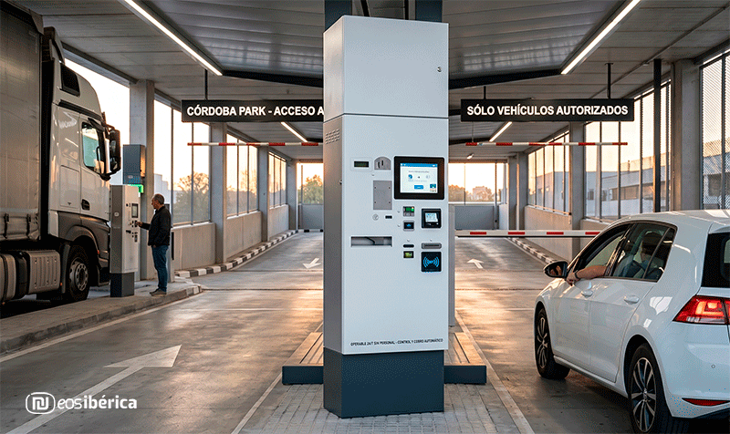 Entrada de un parking cubierto en Córdoba, España, con carriles separados para coches y camiones, terminales de pago automático y barreras.