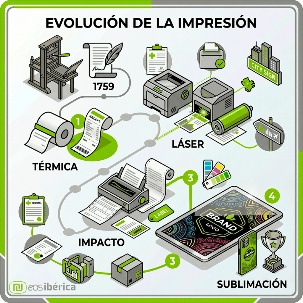 Infografía cuadrada ilustrada en verde y gris que muestra la evolución de los sistemas de impresión: una imprenta antigua (1759), impresión térmica (tickets), impresión láser (oficina) y sublimación digital moderna (objetos personalizados).