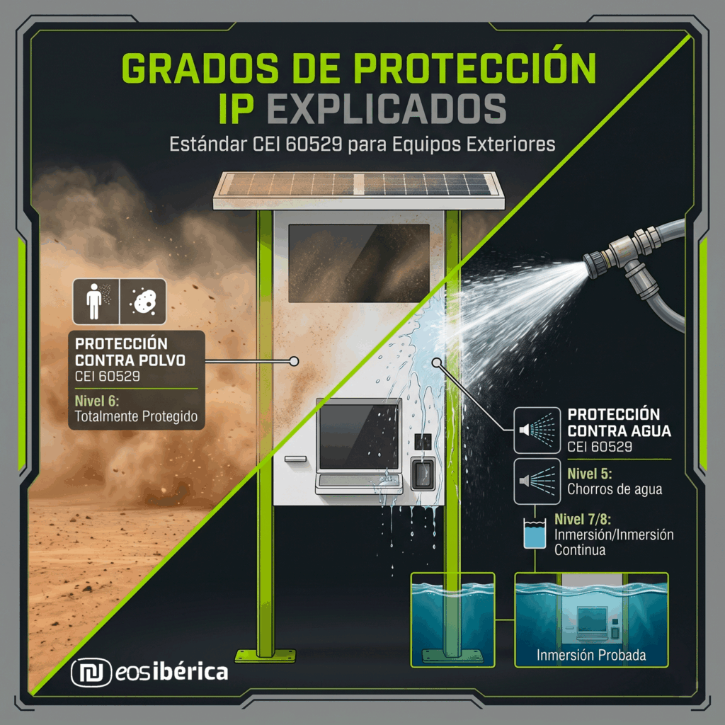 Infografía técnica de un terminal informativo para exteriores mostrando la norma CEI 60529. El diseño ilustra la resistencia al polvo nivel 6 y al agua niveles 5, 7 y 8, utilizando los colores corporativos verde lima y gris.
