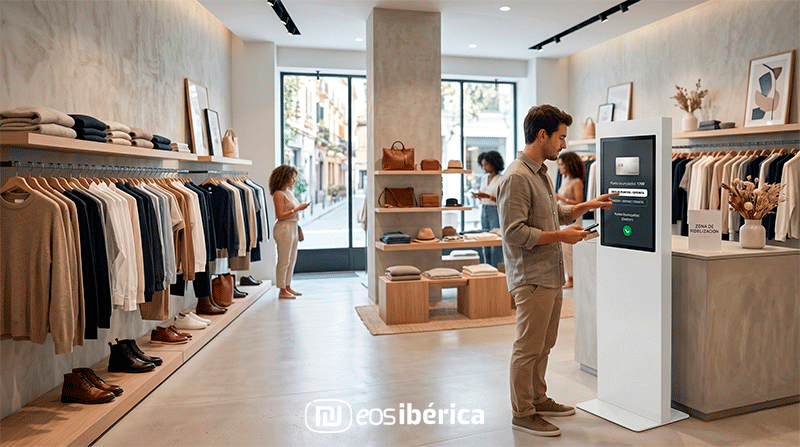 Un hombre joven interactúa con la pantalla del Kiosco interactivo e600 blanco de EOS Ibérica en el mostrador de una tienda de ropa de estilo moderno. Al fondo se ven estanterías con ropa y otros cliente.