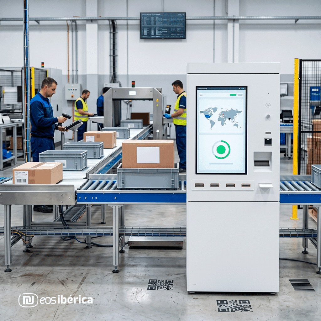 Un kiosco interactivo blanco de Grupo EOS Ibérica, situado en primer plano a la derecha de una concurrida planta de producción industrial. La pantalla táctil del terminal muestra un mapa de la cadena de suministro global y un indicador de progreso de seguimiento verde. Al fondo, una cinta transportadora de rodillos automatizada mueve cajas y contenedores grises. Operadores con chalecos de seguridad utilizan terminales de radiofrecuencia (RFID) para escanear cajas, ilustrando el proceso de trazabilidad y captura de datos en una línea de producción. La escena integra tecnologías como códigos QR impresos en el suelo y equipos de pesaje, mostrando un ecosistema completo de seguimiento de productos.