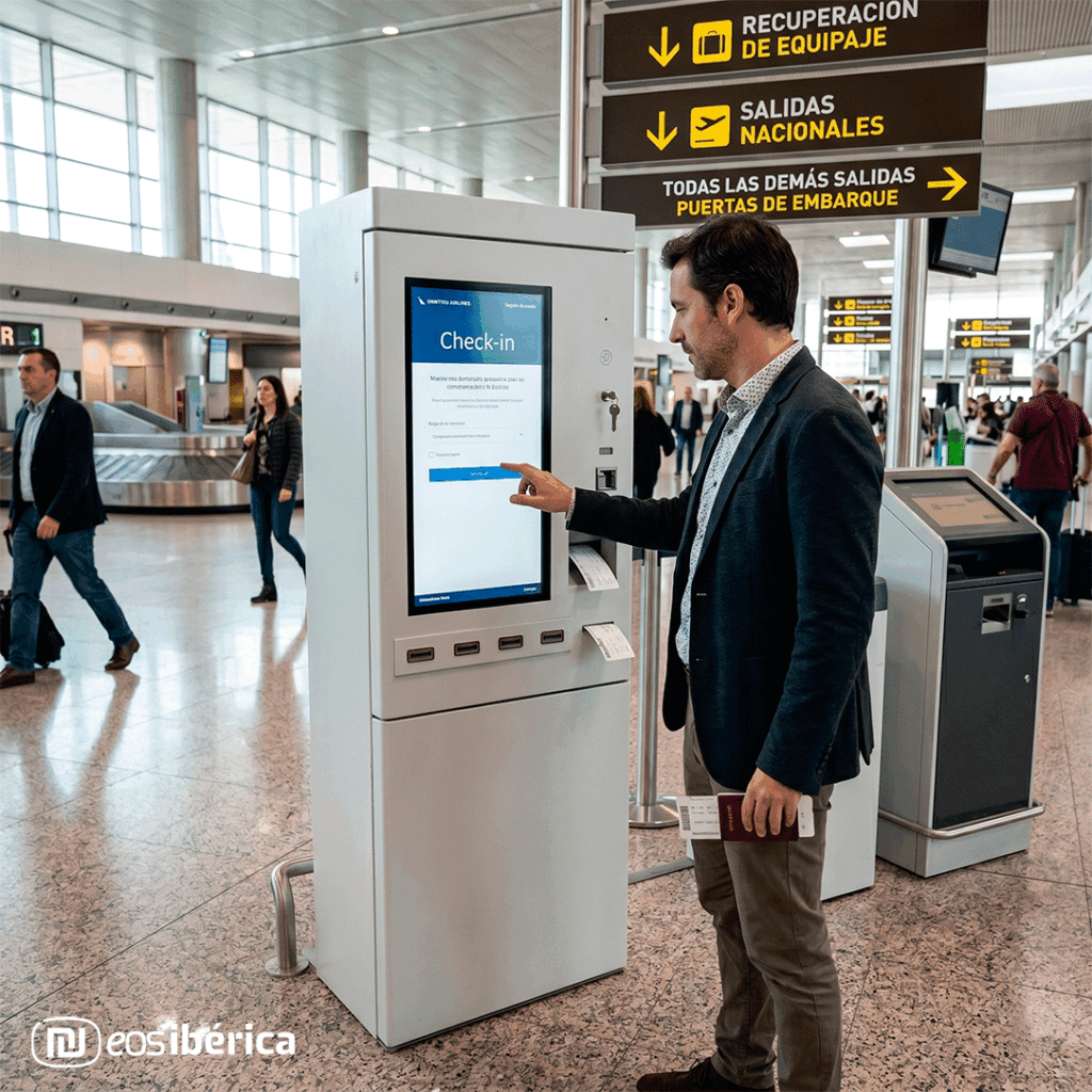 Un hombre de pie frente a un quiosco de facturación interactivo en una terminal de aeropuerto, interactuando con la pantalla táctil. En el fondo, otros pasajeros y personal del aeropuerto caminan, y carteles de señalización indican direcciones para llegadas y salidas.