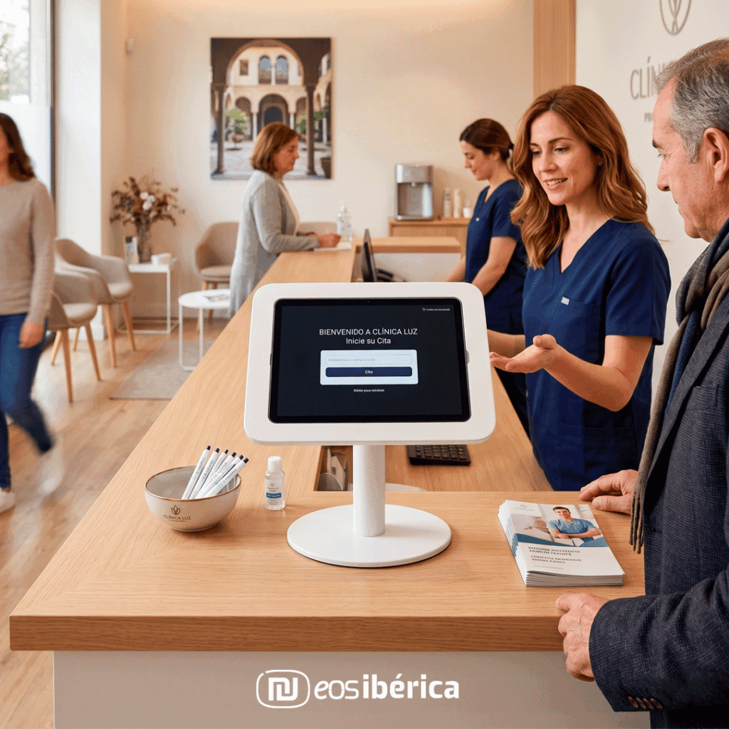 Un terminal táctil de autoservicio para pacientes, idéntico al del input, está ubicado en el mostrador de recepción de madera de una clínica sanitaria moderna. La pantalla del terminal muestra un mensaje de bienvenida en español y un botón de inicio. Una recepcionista sonriente con uniforme azul hace un gesto hacia la pantalla, mientras un paciente mayor con chaqueta y bufanda la observa. Al fondo se ve la sala de espera y el logotipo de la clínica.
