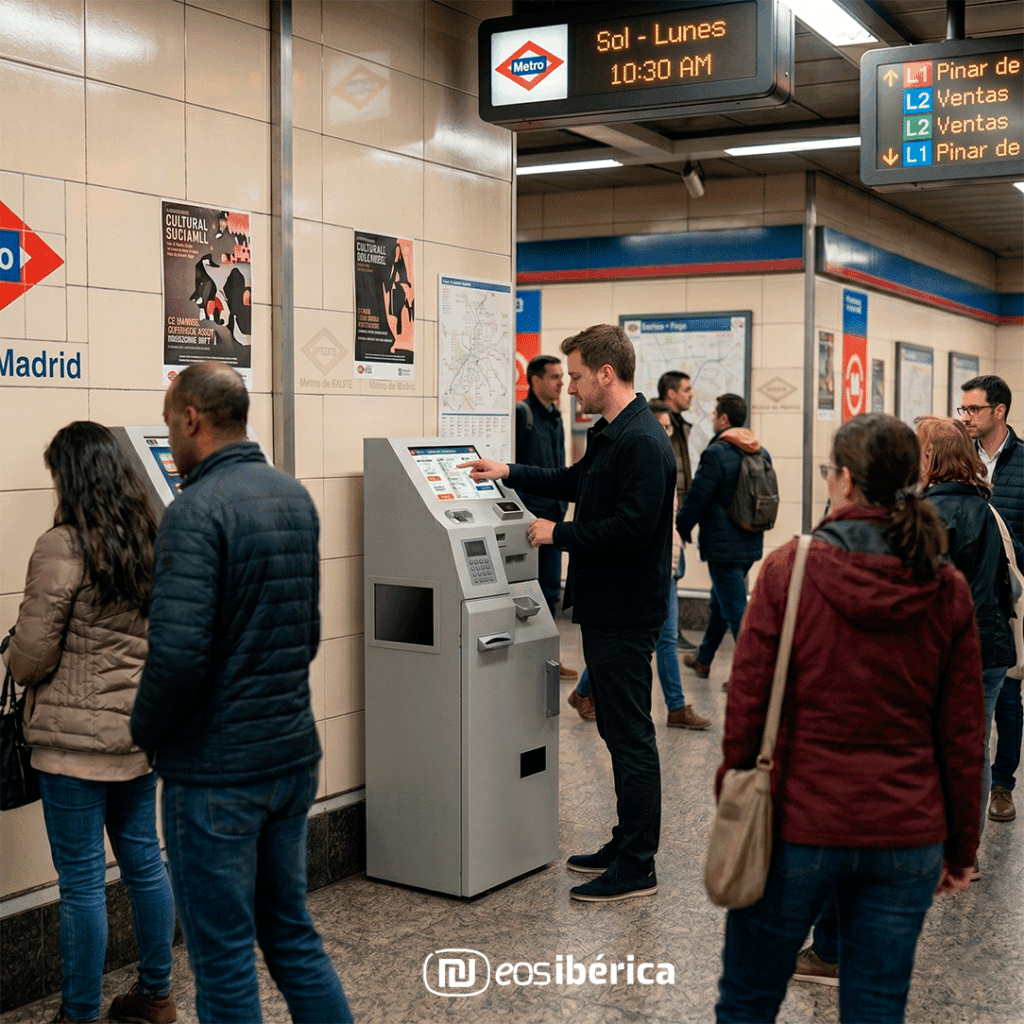 Hombre interactuando con nuestro eCash TPV en una estación de metro de Madrid.