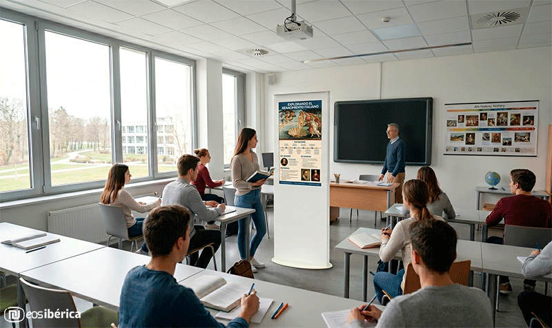 Estudiantes en un aula moderna frente a un tótem informativo.
