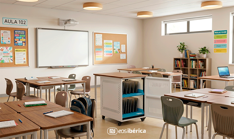 Un armario de carga inteligente con portátiles se encuentra en una aula vacía.